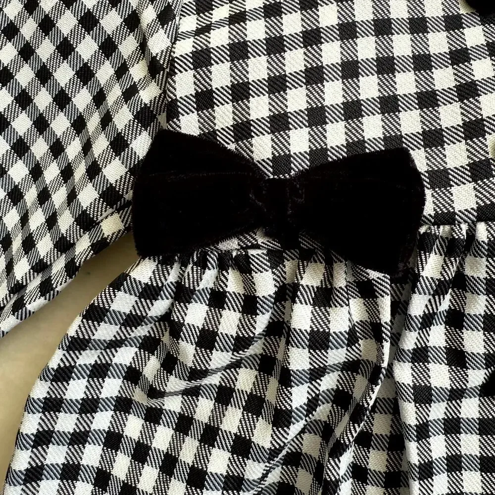 Vintage 90s MiMi Fashion Dress & Hat Set Girl 4T Gingham Check Lace Collar Bow